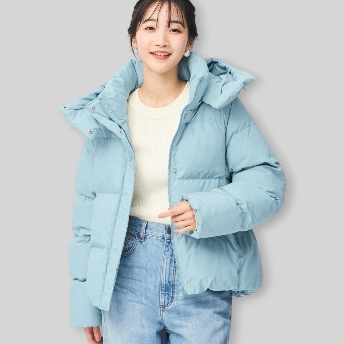 GU by UNIQLO Women's Heat Padded Stand Collar Detachable Hood Blouson (Lightweight Water Repellent/Windproof Winter/Snow Puffer Jacket) in Light Blue