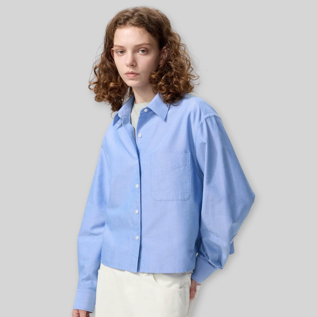 UNIQLO x JW Anderson Unisex Oxford Boxy/Cropped Short Long Sleeve Shirt in Blue