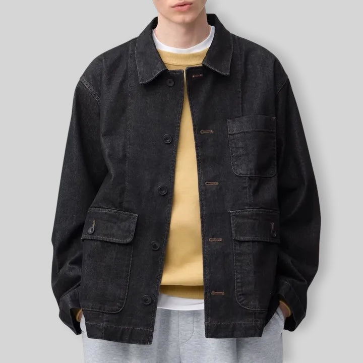 GU by UNIQLO Men's Utility Military Workwear Style Coverall Jacket in Black (Washed Denim)