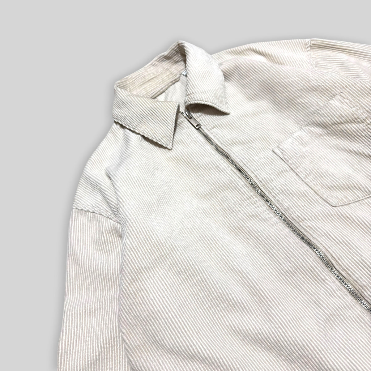GU by UNIQLO Men's Zip Up Cropped/Boxy Collared Blouson (Cotton Corduroy Collared Harrington Jacket) in Beige