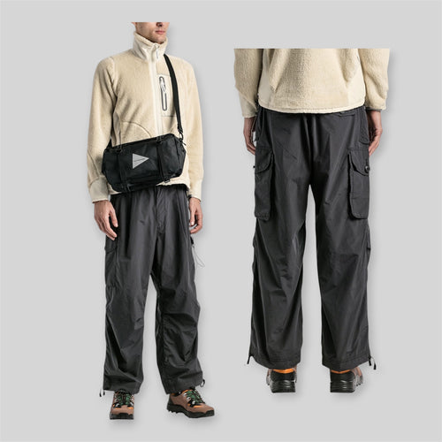 and wander Japan Men's Oversized Utility Belted Parachute Cargo Pants (Lightweight Water Repellent Ripstop Nylon Blend Multipocket Outdoor/Hiking Pants) in Black
