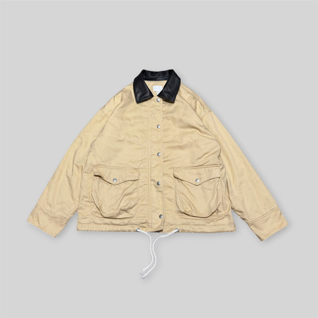 H&M Men's Oversized Utility Workwear Zip Up Cotton Twill Padded Blouson (Collared Zip Up Jacket) in Beige