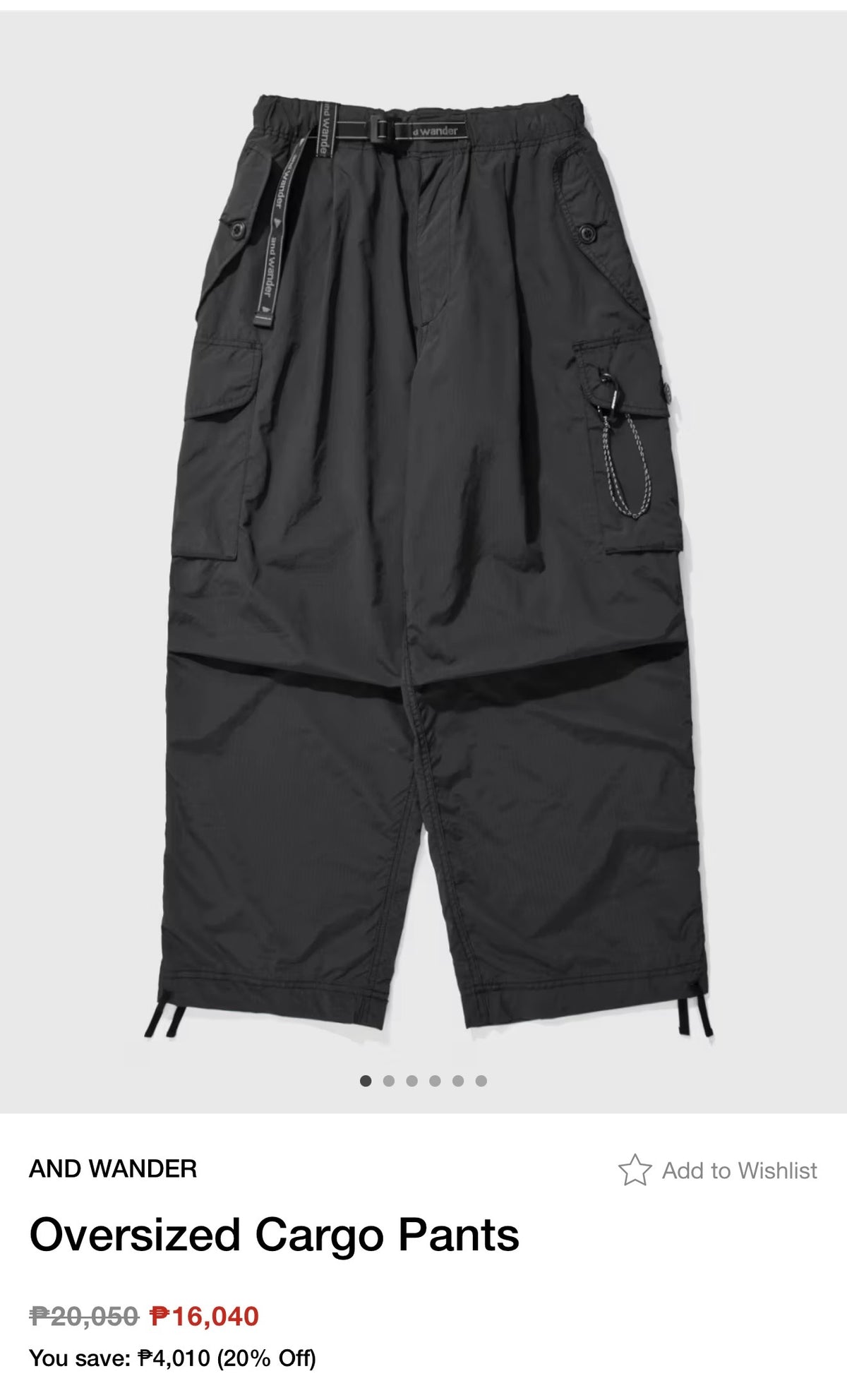 and wander Japan Men's Oversized Utility Belted Parachute Cargo Pants (Lightweight Water Repellent Ripstop Nylon Blend Multipocket Outdoor/Hiking Pants) in Black